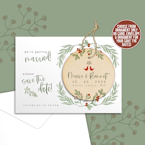 save the date winter holiday themed save the date for christmas wedding or holiday wedding with keepsake ornament on save the date 22MAG-006