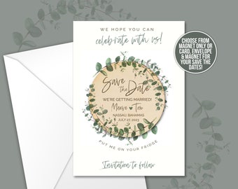 save the date magnet eucalyptus destination wedding wood magnet and/or card save the date cards wood circle lightweight magnet save the date