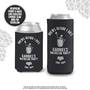 Bachelor party can coolies | bachelor party "Brews Before I Do's" personalized beverage insulators | slim or regular can size favors MCC-225