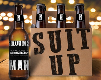 beer carrier groomsman proposal idea - custom groomsman best man beer labels and carrier for unique groomsman proposal beer personalized