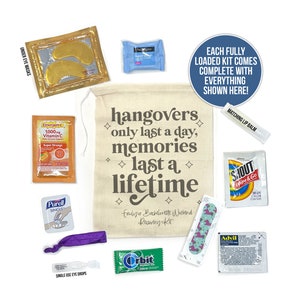 bachelorette recovery kit party favors hangovers last a day memories last a lifetime muslin bag only or complete recovery hangover kit bag Bag + Complete Kit