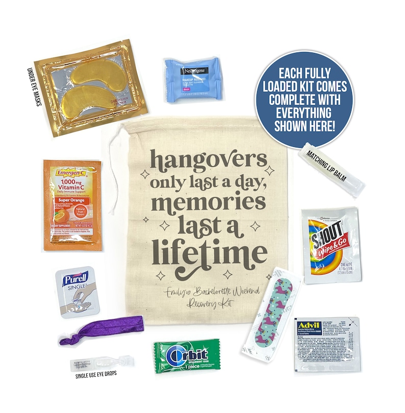 bachelorette recovery kit party favors hangovers last a day memories last a lifetime muslin bag only or complete recovery hangover kit bag Bag + Complete Kit