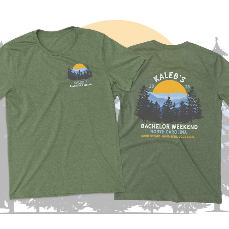 May include: Green t-shirt with a mountain scene and the text "Kaleb's Bachelor Weekend 2023" on the back. The front of the shirt has the text "Kaleb's Bachelor Weekend" on the chest.