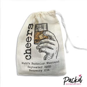 May include: White drawstring bag with the text "cheers" printed vertically on the left side. The bag has a drawing of a hand holding a glass of whiskey with ice. The text "Matt's Bachelor Weekend September 2025 Recovery Kit" is printed below the drawing.