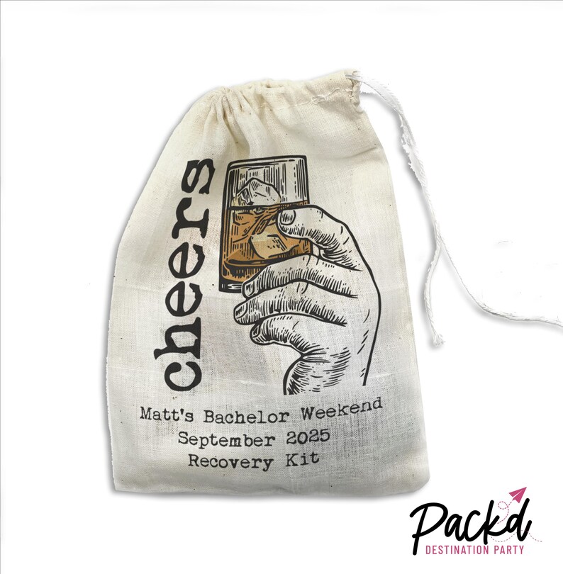 May include: White drawstring bag with the text "cheers" printed vertically on the left side. The bag has a drawing of a hand holding a glass of whiskey with ice. The text "Matt's Bachelor Weekend September 2025 Recovery Kit" is printed below the drawing.