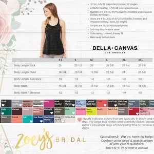 May include: A size chart for Bella + Canvas flowy tanks, showing measurements in inches for XS, S, M, L, XL, and 2XL sizes. The chart includes measurements for body length back, body length front, body length tolerance, body width, and body width tolerance. The chart is on a wooden background with a pink flower.