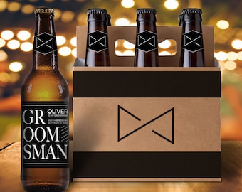 groomsman proposal| be my groomsman 6 pack carrier | beer labels for groomsman | bow tie beer holder labels groomsmen MBB-009