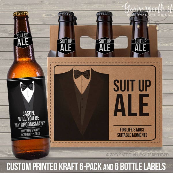 6 pack carrier and labels - will you be my groomsman - ask groomsmen / best man - custom personalized beer carriers MBB-006