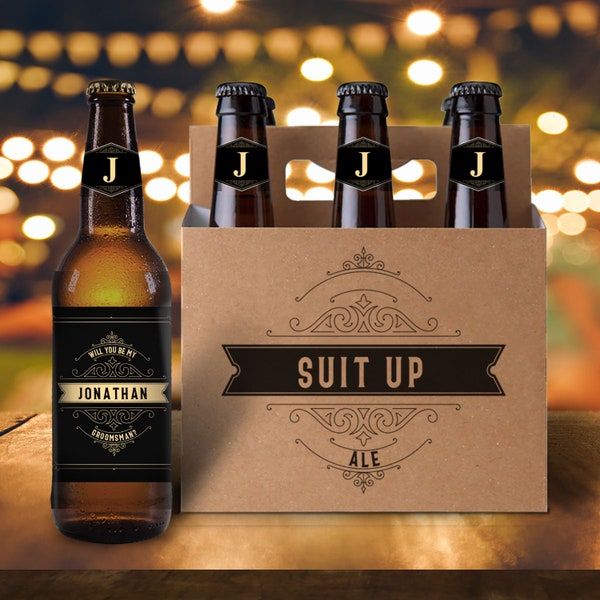 groomsman proposal| will you be my groomsman 6 pack carrier | beer labels for groomsman | suit up beer holder labels groomsmen MBB-010