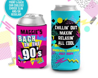 Bachelorette party can coolies | bach to the 90s personalized can coolers | slim or regular can size beverage insulators MCC-186