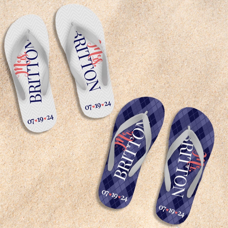 wedding flip flops bride and groom personalized last name and date wedding flip flops set of two BMRMRS image 1