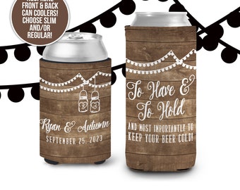 wedding can coolers for weddings to have and to hold and to keep your beer cold mason jars beverage insulator wedding MCC-015