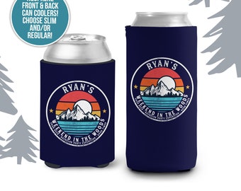 Bachelor party can coolies | weekend in the woods camping personalized beverage insulators | slim or regular can size party favors MCC-122