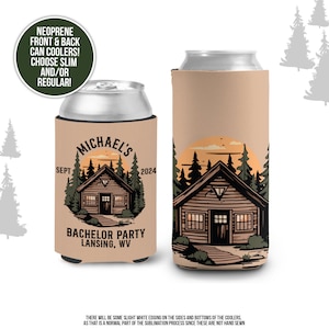 May include: A tan neoprene can cooler with a cabin in the woods design. The cabin is brown with a white door and windows. The text "MICHAEL'S" is above the cabin, and the text "SEPT 2024 BACHELOR PARTY LANSING, WV" is below the cabin.