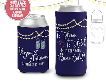 wedding can coolers wedding favors to have and to hold and to keep your beer cold mason jars custom wedding can coolies wedding MCC-015