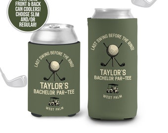 Bachelor party can coolies | last swing before the ring personalized beverage insulators | slim or regular can size party favors MCC-224