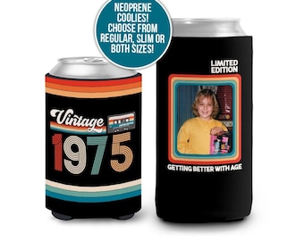 50th birthday photo slim or regular can coolie | personalized retro nostalgia can cooler | any age milestone birthday party favor can cooler