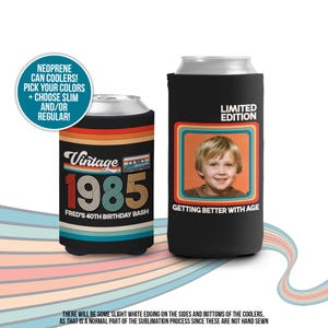 Personalized Birthday Can Cooler | Custom Photo Can Coolie | Retro vintage Birthday Party Favor | 30th 40th 50th Birthday Slim Regular Size