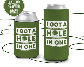 Bachelor or Birthday party can coolies | funny Hole in One personalized beverage insulators | slim or regular can size golf party MCC-205