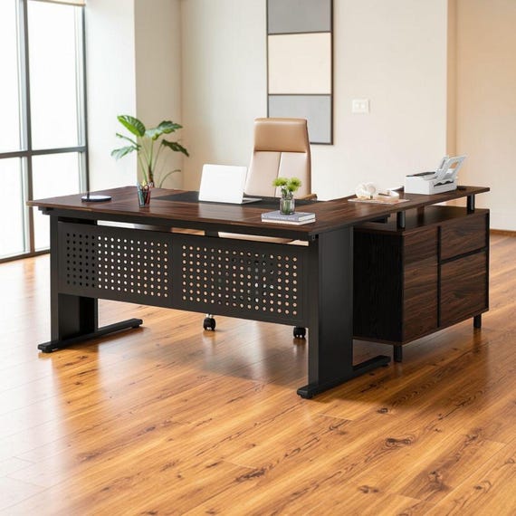 Industrial L-Shaped Desk, 63" Executive Desk with File Cabinet