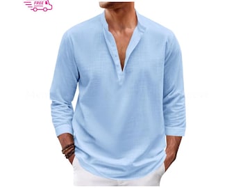 Camicia da spiaggia da uomo in lino – Maglia Henley estiva casual a maniche a 3/4, leggera.