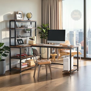 55 Inch L Shape Computer Desk with Hutch Wireless Charging Storage Shelves Home Office Brown Desk
