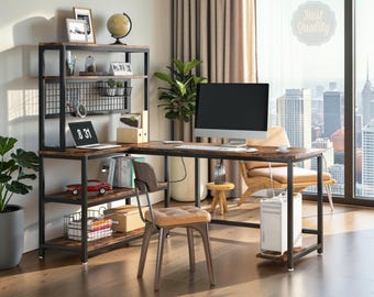 55 Inch L Shape Computer Desk with Hutch Wireless Charging Storage Shelves Home Office Brown Desk