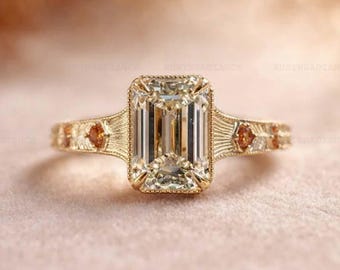 Emerald Cut Moissanite Ring, Orange Sapphire Accent Band, Vintage Gold Engagement Ring, Art Deco Bridal Ring, Unique Promise Ring