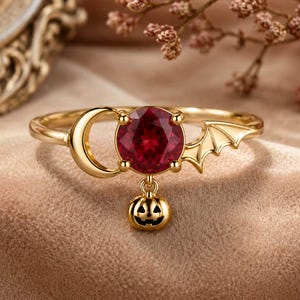 Round Ruby Halloween Ring, Crescent Moon Bat Ring, Pumpkin Gothic Jewelry, Red Gemstone Witchy Ring, Spooky July Birthstone Gift for Wife.