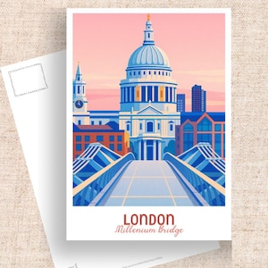 Puede incluir: Una postal con una ilustración estilizada de la Catedral de San Pablo y el Puente del Milenio en Londres. La imagen tiene un esquema de color rosa y azul, con el texto "LONDON Millennium Bridge" en la parte inferior. Una postal en blanco está en primer plano.