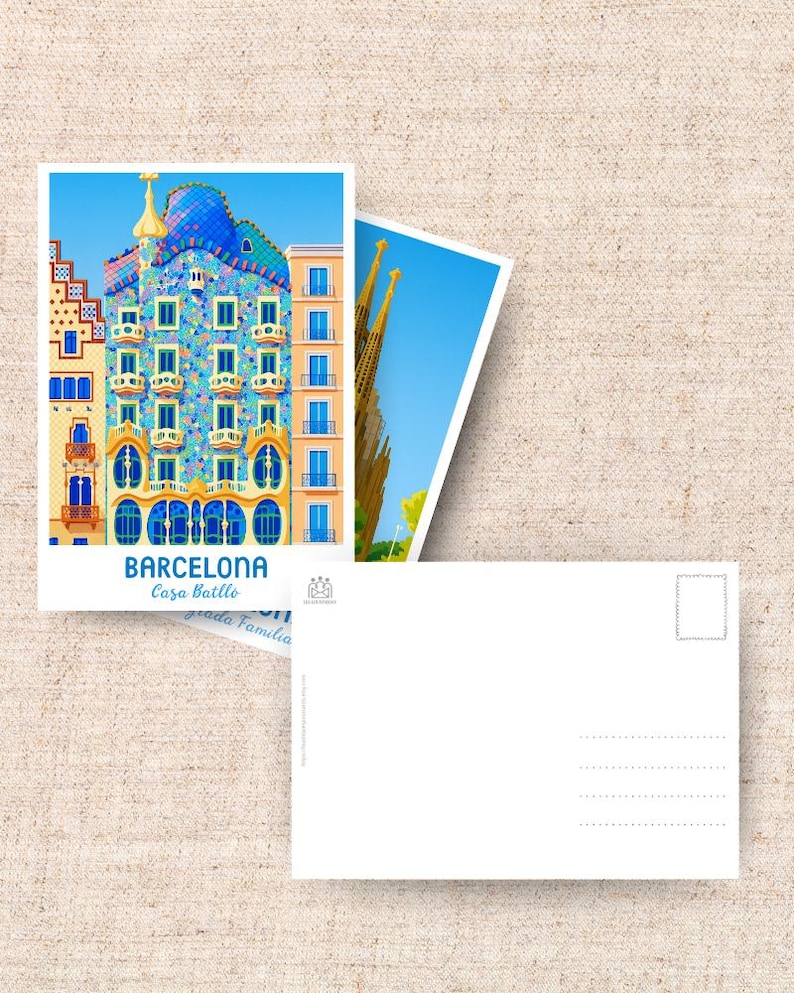 May include: Two postcards featuring architectural landmarks of Barcelona. One postcard displays Casa Batll&oacute; with blue, yellow, and green details. The other shows a view of the Sagrada Familia. The postcards are white with a blank back.