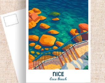 Nice France Travel Postcard, Coco Beach Art, Vintage Illustration