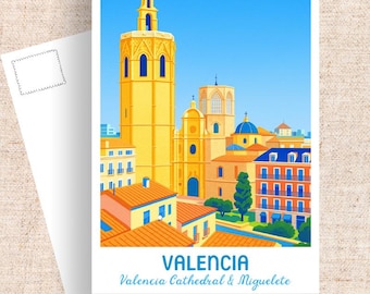 Valencia Cathedral & Miguelete Tower Art Postcard, Spain Travel