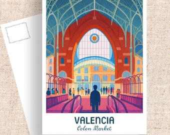 Valencia Spain Travel Postcard, Colon Market Art Nouveau Illustration