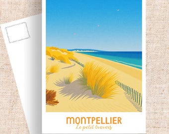 Postal de viaje de Montpellier, Francia, arte de playa mediterránea