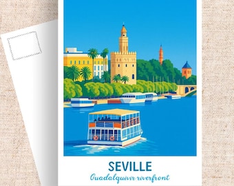 Seville Spain Travel Postcard, Retro Guadalquivir River Art