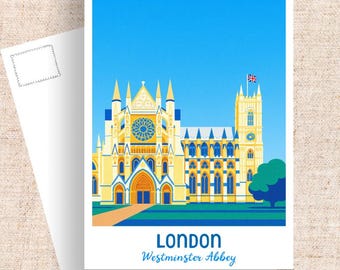May include: A postcard featuring a stylized illustration of Westminster Abbey in London. The image showcases the abbey's yellow facade against a bright blue sky, with a Union Jack flag atop a tower. The text "London Westminster Abbey" is printed at the bottom.