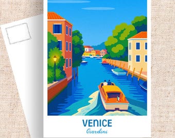 Venice Italy Postcard, Giardini District Art, Retro Travel Card
