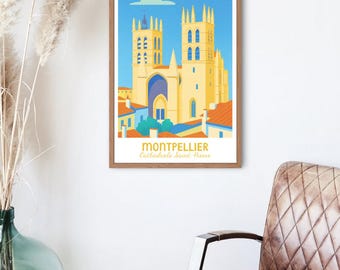 Montpellier France Travel Poster, Cathédrale Saint Pierre Art Print