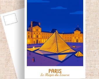 May include: A postcard featuring a stylized illustration of the Louvre Museum in Paris, France, with the glass pyramid in the foreground. The image has a blue and gold color scheme, with the text "PARIS Le Musée du Louvre".