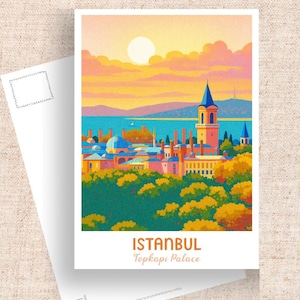 May include: A postcard with a vibrant illustration of Istanbul's Topkapi Palace. The image shows the palace with blue domes, a tall tower, and green trees, set against a sunset sky. The text "ISTANBUL Topkapi Palace" is printed at the bottom of the card.