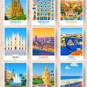 May include: Nine travel-themed postcards featuring iconic European landmarks. The postcards showcase illustrations of Barcelona's Sagrada Familia, Casa Batllo, and Park Guell, Milan's Duomo, Florence, Porto, Valencia, Seville, and Nice.