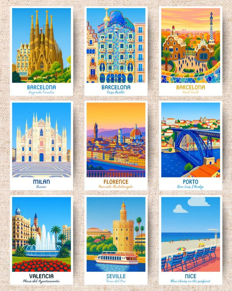 May include: Nine travel-themed postcards featuring iconic European landmarks. The postcards showcase illustrations of Barcelona's Sagrada Familia, Casa Batllo, and Park Guell, Milan's Duomo, Florence, Porto, Valencia, Seville, and Nice.
