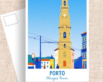 Porto Portugal Travel Postcard, Clérigos Tower Art
