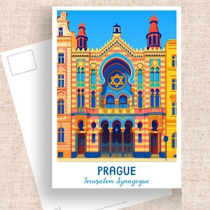 Reisbriefkaart Praag, Tsjechische Republiek, Jeruzalem-synagoge briefkaartkunst, Tsjechische briefkaart, briefkaart Praag stad, Europa reiskunst briefkaart