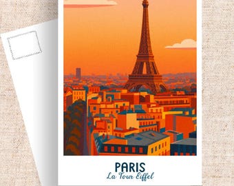 May include: A postcard featuring an illustration of the Eiffel Tower in Paris, France, set against an orange and yellow sky. The postcard includes the text "PARIS La Tour Eiffel". A blank postcard is visible in the background.