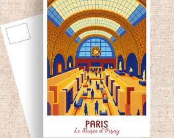 May include: A postcard featuring an illustration of the Musée d'Orsay in Paris. The artwork showcases the museum's interior with figures, sculptures, and a clock. The text "PARIS Le Musée d'Orsay" is printed at the bottom. The postcard is white with a blank back.