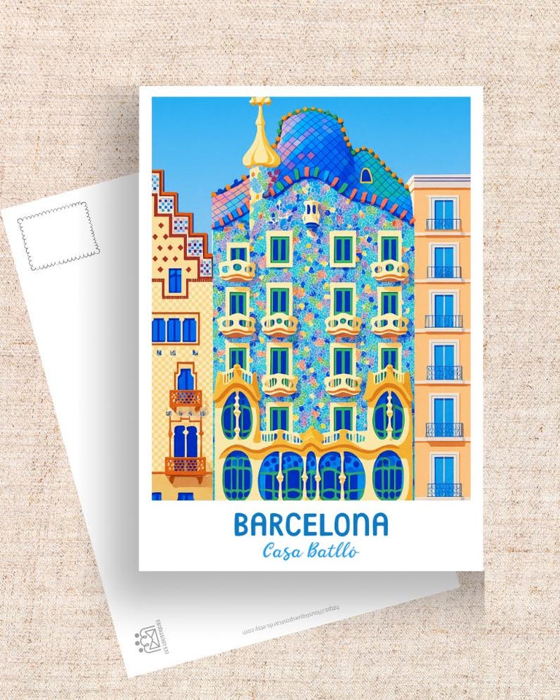 May include: A postcard featuring a colorful illustration of Casa Batll&oacute; in Barcelona, Spain. The building has a unique facade with blue, green, and yellow accents, and the text "BARCELONA Casa Batll&oacute;" is displayed at the bottom.