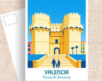 Valencia Torres de Serranos Art Postcard, Spain Travel Souvenir