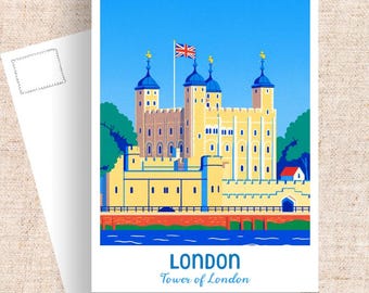 May include: A postcard featuring a stylized illustration of the Tower of London against a blue sky. The postcard has the text "LONDON Tower of London" at the bottom. A second postcard is visible in the background.